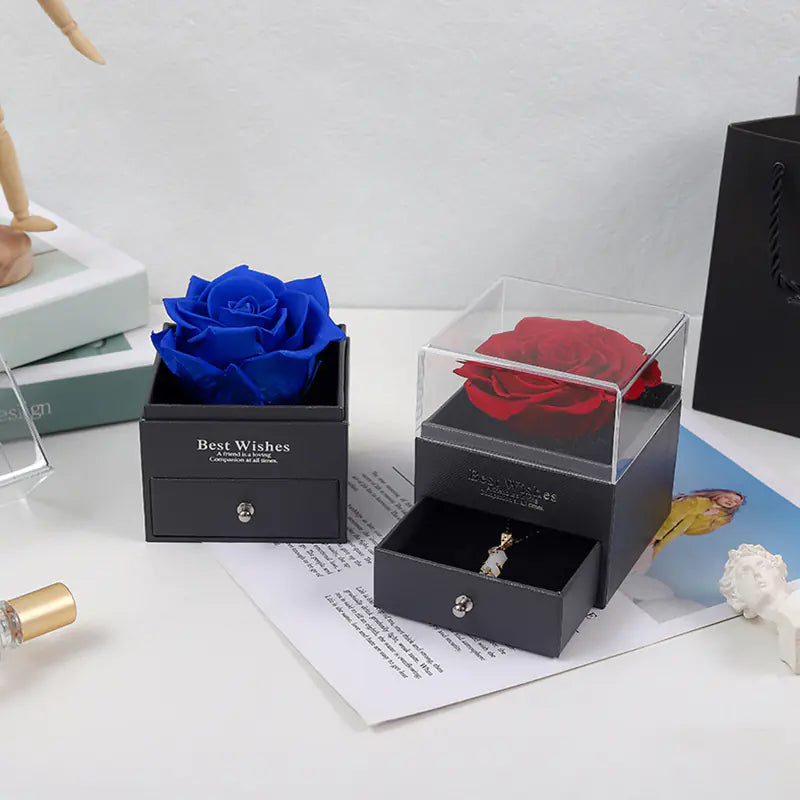 Eternal Flower Acrylic Jewelry Box with Real Rose Necklace